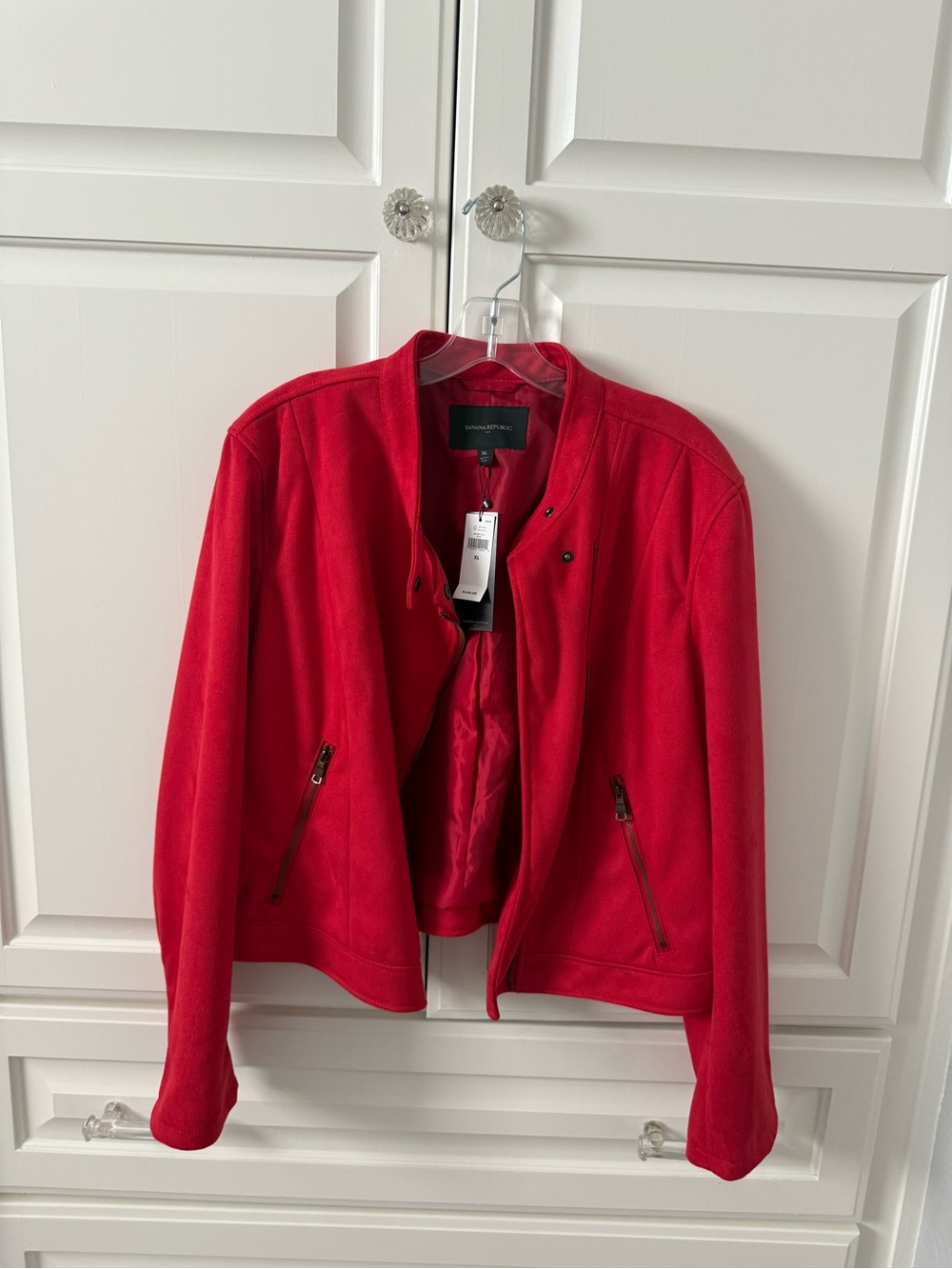 Banana Republic Red Collarless Zip Leather Jacket